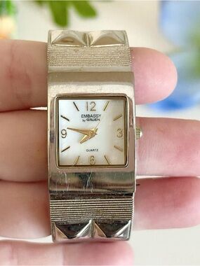Vintage Gruen Embassy Women’s Silver Rectangle Mother of Pearl Cuff Watch WORKS!
